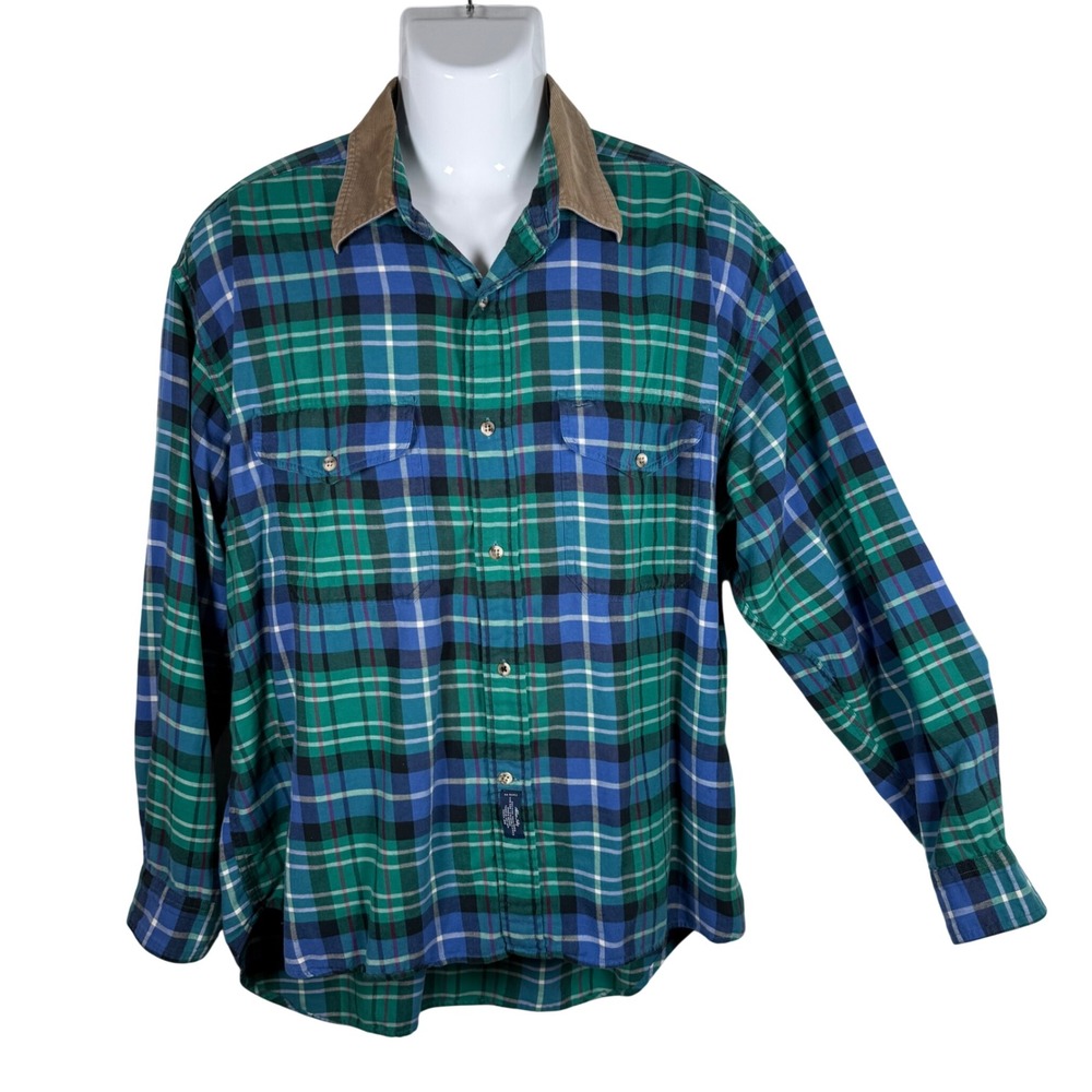 Allen Lolly Plaid Flannel Button Up Shirt‎ Mens XL Green Blue Corduroy Trim Vtg